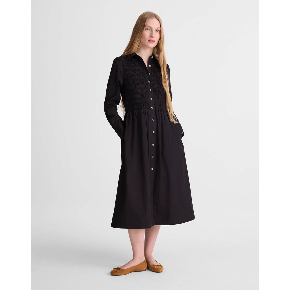 Madewell Smocked Midi Shirtdress in Poplin Jet Black Medium NWT